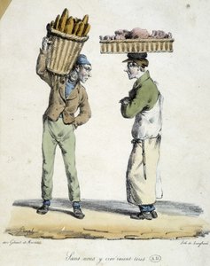 Samtal mellan en bagare och en delikatessbutik: ”Utan oss skulle vi alla dö! "". Gravyr av 1800-talet. av French School