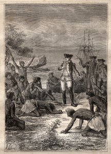 Cooks mottagning av de infödda - James Cooks tredje resa - Cook välkomnad av de infödda - James Cooks tredje resa i Stilla havet - illustration hämtad från "The Great Mariners of the 18th century" av Jules Verne av French School