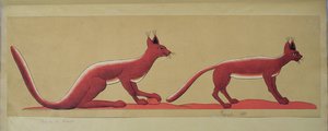 Kopia av en original, forntida egyptisk väggmålning som föreställer två vilda katter
