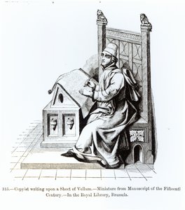 Copyist Writing on a Sheet of Vellum, från ett manuskript, illustration från vetenskap och litteratur under medeltiden och renässansen, skriven och graverad av Paul Lacroix, 1878 (bw p. av French School