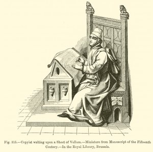 Kopist skriver på ett ark vellum (gravyr) av French School