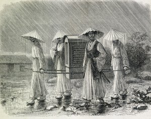 Coreens klär sig i en palankin (coreens regndräkt) som bär en stol. Illustration hämtad från "An expedition in Korea" av H. Zuber, f.d. sjöofficer (1866) - i "Tour du Monde". av French School