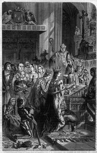 Kröning av kejsar Otton I (912-973) av påven Johannes XII 962 Gravyr i "Histoire des Papes-King-Queen-and-Empereurs a travers les centuries" av Maurice Lachatre av French School