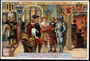 Företag under medeltiden (medeltiden): Prinsen besökte en vapenverkstad och undersökte den senaste rustningen där pelletieren, sadelmakaren och vapensmeden arbetade. Sent 1800-tal liebig kromolitografi. av French School