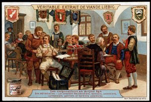 Företag under medeltiden: en överläggning av slaktare, garvare, tvålmakare, skomakare, handskar och monterade barberare - reklamvinjett Liébig, sent 1800-tal av French School