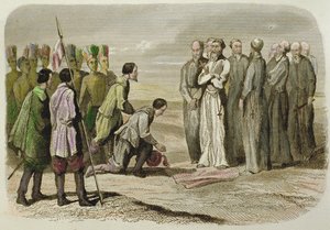 Cortes vid foten av Martin de Valencia (handfärgad gravyr) av French School