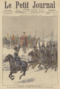 Kosacker hyllar tsar Nikolaj II före avresan till Fjärran Östern för att strida mot japanerna (färglitografi) av French School