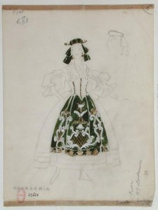 Kostymdesign för operan Cavalleria Rusticana av Pietro Mascagni (1863-1945) (penna och wc på papper) av French School