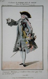 Kostym för Firmin i rollen som Felix i La Tapisserie, platta 108 från "Petite Galerie Dramatique", utgiven av Martinet, Paris. av French School