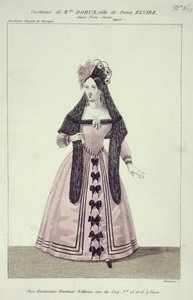 Kostym för Mademoiselle Dorus i rollen som Donna Elvira i Don Giovanni, graverad av Maleuvre, tryckt av Hautecoeur-Martinet av French School