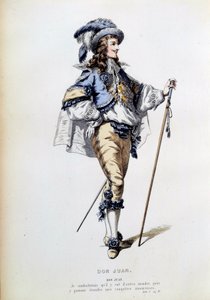 Kostym för karaktären Don Juan i scen 2 i akt I av det homonyma stycket av Jean Baptiste Poquelin dit Moliere (1622-1673). Gravyr av 1800-talets Paris, Comedie francaise av French School