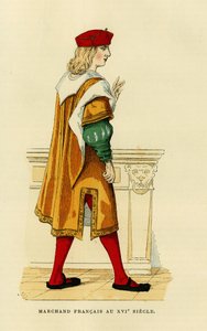 Kostym av en fransk köpman på 1600-talet.Gravyr i färg, i "France et les francais a travers les centuries" av Augustin Challamel, F.Roy editor, Paris 1882. Selva-samlingen. av French School