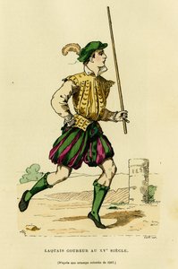 Dräkt av lakejlöpare på 1400-talet, anklagad för att springa framför vagnen för att frigöra vägen och meddela att en adelsman eller herre passerade. Färggravyr, i "France et les francais a travers les centuries"" av Augustin Challamel, F.Roy ed. av French School