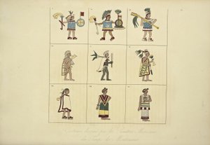 Kostymer designade av de mexikanska målarna från Montezumas tid, illustration från Views of the Cordilleras and Monuments of the Indigenous Peoples of America av Alexander von Humboldt och Aime Bonpland, 1 av French School