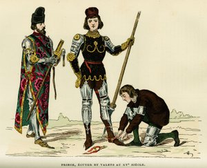 Dräkter av prins, av hans ecus och hans betjänt, på 1400-talet. Färggravyr, i "France et les francais a travers les centuries"" av Augustin Challamel, F.Roy redaktör, Paris 1882. Selva Collection. av French School