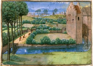 Cott Aug A V f.345v Flamländskt landskap med en vattenkvarn i förgrunden och en väderkvarn i bakgrunden, från 