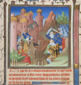 Cotton Nero E II pt.1, f.222, Slaget vid Ludvig VII och hans far, från Grandes Chroniques de France av French School
