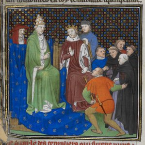 Cotton Nero E II pt2 fol.100v Tempelherrarna före Philippe IV (1268-1314) och påven Clemens V (c.1260-1320), från 