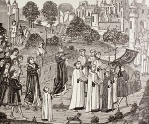 Greve Renier bär kroppen av Saint Veronica till St. Waudru-kyrkan i Mons, från "Militärt och religiöst liv under medeltiden" av Paul Lacroix, publicerad i London ca 1880 av French School