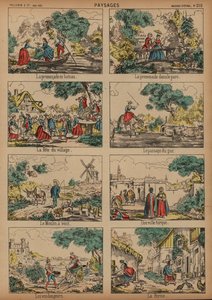 Landsbygdsscener (färgad gravyr) av French School