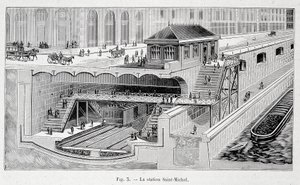 Sektion av tunnelbanestationen St Michel i Paris i ""La nature"" 1899 av French School