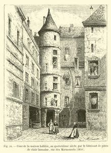 Gården till huset bebodd, på 1300-talet, av tillverkaren av pasta från människokött, rue des Marmousets, 1850 av French School