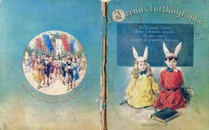 Omslagsillustration och baksida till en fransk skolbok om skrivande, utgiven av Hachette i Paris, 1905