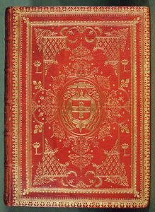 Omslag till en bok som ägs av kardinal Mazarin, med avslutningen visar kardinalernas armar av stjärnor och fasces, befäst av galerohatten och tofsarna från en kardinal (läder och förgyllning) av French School
