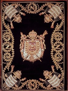 Omslag till en av de tolv originalutgåvorna av "Code civil des francais"" utfärdat av Napoleon Bonaparte den 21/03/1804. Den är inbunden i sammetsbroderi av guld och silver med rättvisans emblem och kejsarens vapen. franska medborgarrättslagen. B.N av French School