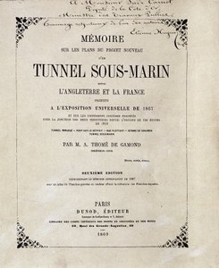 Omslag till "" Memoire om planerna för det nya projektet för en undervattenstunnel (Underwater) mellan England och Frankrike producerad vid världsutställningen 1867"" av M.A. Thome de Gamond av French School