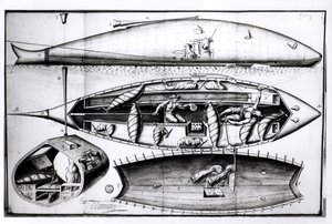 Tvärsnitt av en ubåt, från ett manuskript, mars 1689 av French School