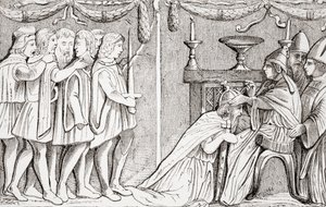 Krönandet av Sigismund till den helige romerske kejsaren av påven Eugene IV 1433, från L"Histoire Universelle Ancienne et Moderne, publicerad i Strasbourg ca 1860 av French School