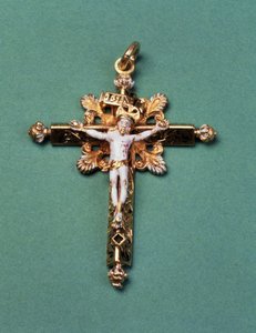 Krucifix gavs av Mary Queen of Scots till den siste abboten av Westminster, John Feckenham (guld och emalj) av French School