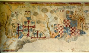 Korståg: avgång från riddarna för korståget: representation av Saint George och Hugh I av Vermandois (1057-1102) (?) eller Hugh XII av Lusignan (?). Detalj av en fresk av Saint Jacques de Gueret av French School