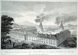 Kristallverk av drottning Marie Antoinette på Creusot nära Moncenis i Bourgogne. Gravyr från 1787. Le Creusot, Ecomusee av French School