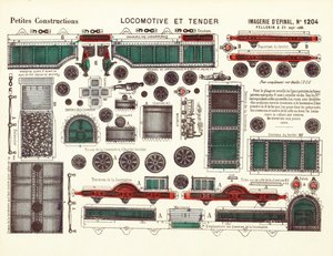 Utskurna mönster för ett ånglok och tender, ca 1880 (lito i färg) av French School