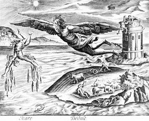Daedalus flyr från Kreta med sin son, Ikaros, ser honom falla till sin död, 1619 av French School