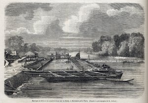 Damm bröt ut på Seine i SURESNES 1866 - Gravyr - Le Monde Illustré 1866 av French School