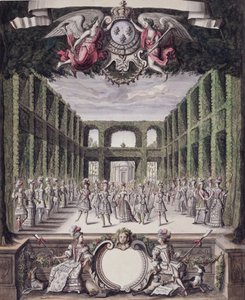 Dans i en formell trädgård, från en samling med titeln Les Menus Plaisirs du Roi (penna & bläck och wc på papper) av French School