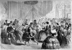 Dans: skridskonätet. Dansarna håller ett band vars ände är fäst vid en majplanta mitt i en cirkel. Scen vid balen given av greve Walewski 1861. Gravyr i "" Le Monde Illustré"" nr 202 av 23 februari 1861. av French School
