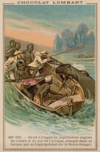 David Livingstones båt attackerades av en flodhäst på Orange River, Afrika, 1867-1873 av French School
