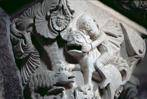 David Slaying the Lion (detalj av en huvudstad) c.1130 (sten) av French School