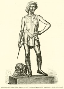 David erövrar Goliat, bronsstaty av Andrea Verocchio, på Florens nationalmuseum (gravyr) av French School