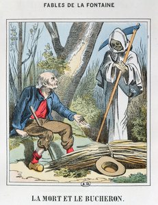 Death and the Woodman (färgad gravyr) av French School