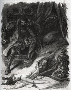 Död av Francoise de Foix, grevinna av Chateaubriant (ca 1495-1537), mördad av sin man Jean de Laval Comte de Chateaubriant (Laval-Chateaubriant) (1486-1543), som därmed tog hämnd på sin hustrus otrogna. Gravyr från 1871 i ”Histoire Des av French School