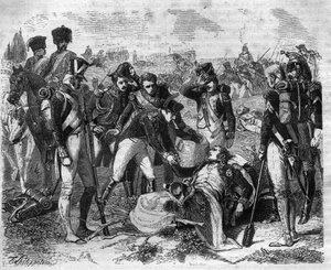 Död av marskalk Jean Lannes (1769-1809), marskalk av imperiet i Essling. Gravyr i "Historien om påvarna-kungarna-drottningarna och kejsarna genom århundradena"" av Maurice Lachatre av French School