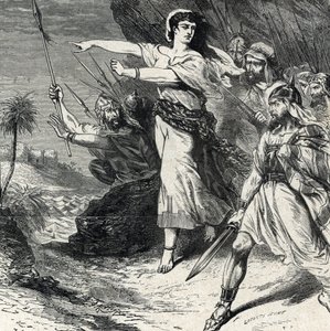 Debora leder Israels folk som förtryckts av Jabin, Kanaans kung, att slåss. Gravyr från "Helig historia" av Lahure 1800-tals privatsamling av French School