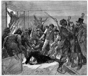 Decazeville (Aveyron) gruvarbetare strejker 1886: ingenjören Watrin mördades av grevisterna. Gravyr i "" Le Monde Illustré", 6 februari 1886. av French School