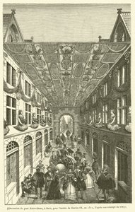 Dekoration av Pont Notre-Dame i Paris inför Karl IX:s intåg 1571 (gravyr) av French School