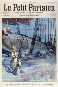 Djuphavsdykare som försöker höja Farfadet, från Le Petit Parisien, 23 juli 1905